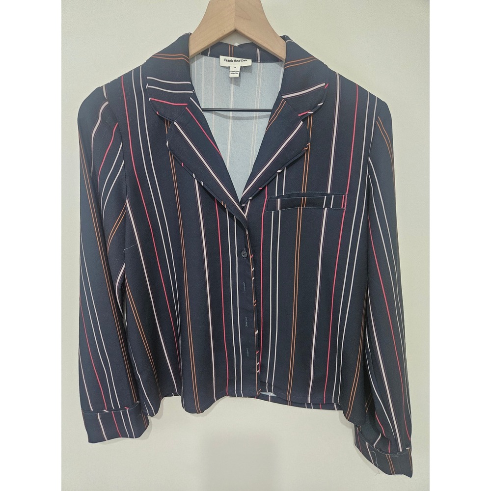 Frank And Oak Women Navy Striped Button Down Camp Collar Blouse Shirt M 2110063